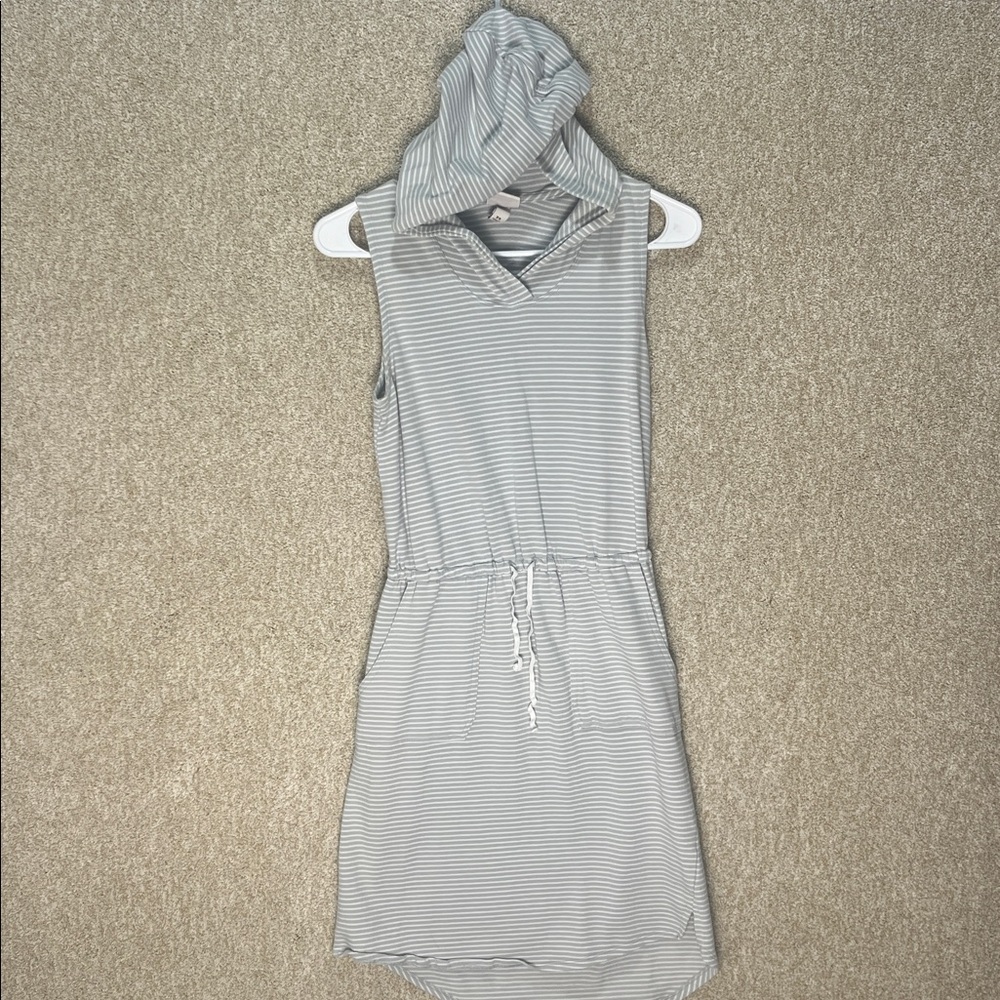 Striped beach hooded dress pockets gray‎ white cotton blend sleeveless xs summer